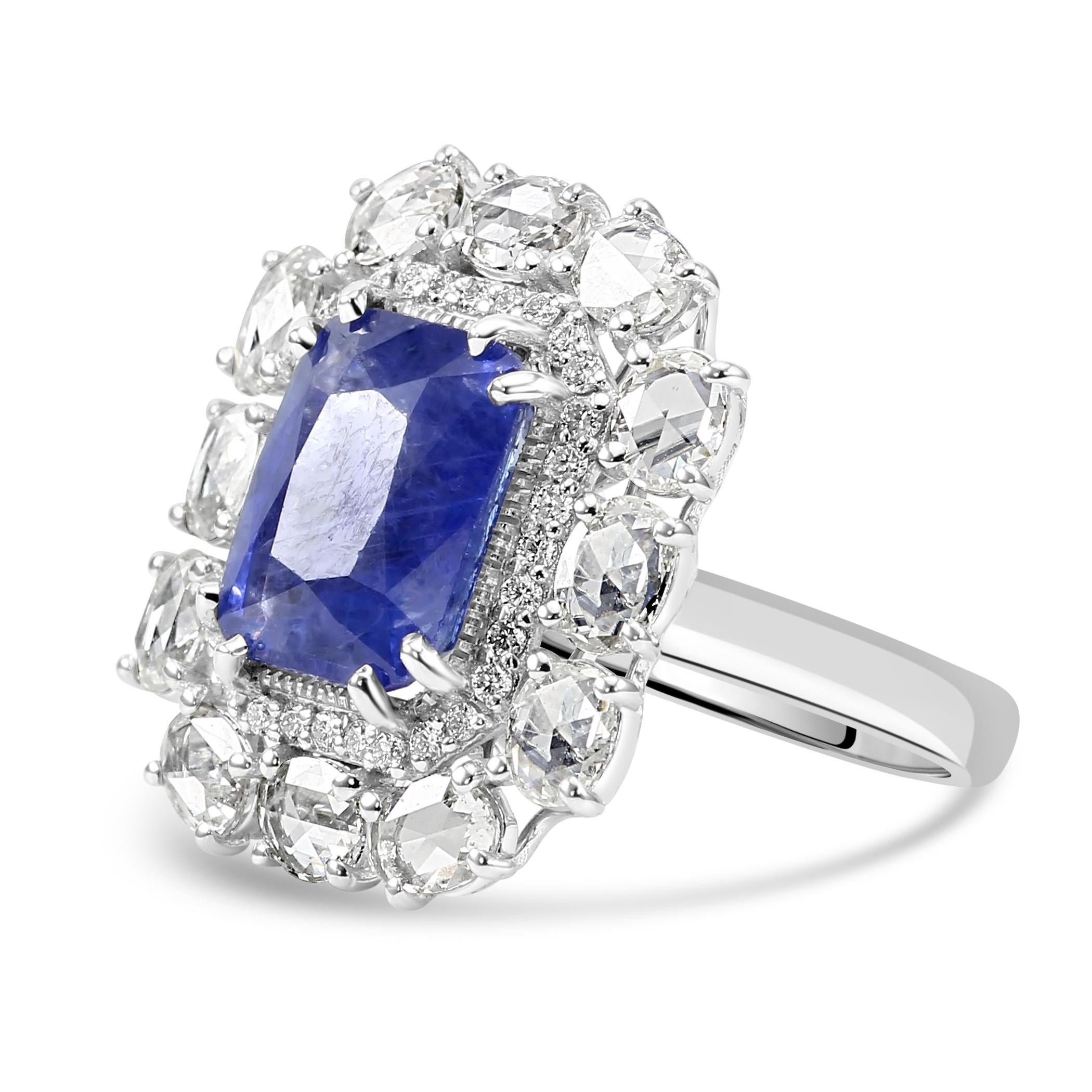 Art déco Ceylon Sapphire Diamond 18K White Gold Art Deco Bridal Engagement Halo Ring (Bague de fiançailles en or blanc de Ceylan)  en vente