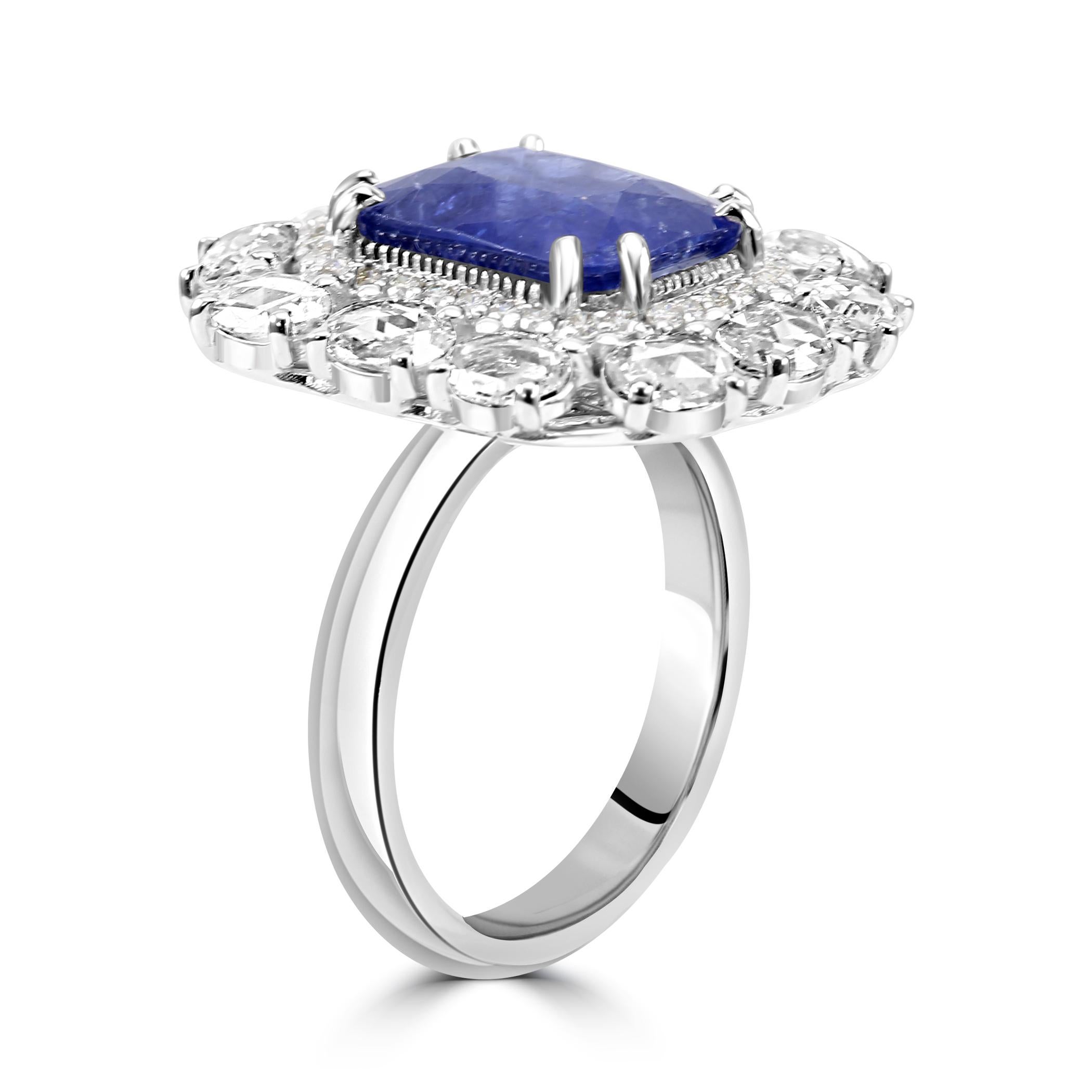 Ceylon Sapphire Diamond 18K White Gold Art Deco Bridal Engagement Halo Ring  In New Condition For Sale In Sayreville, NJ