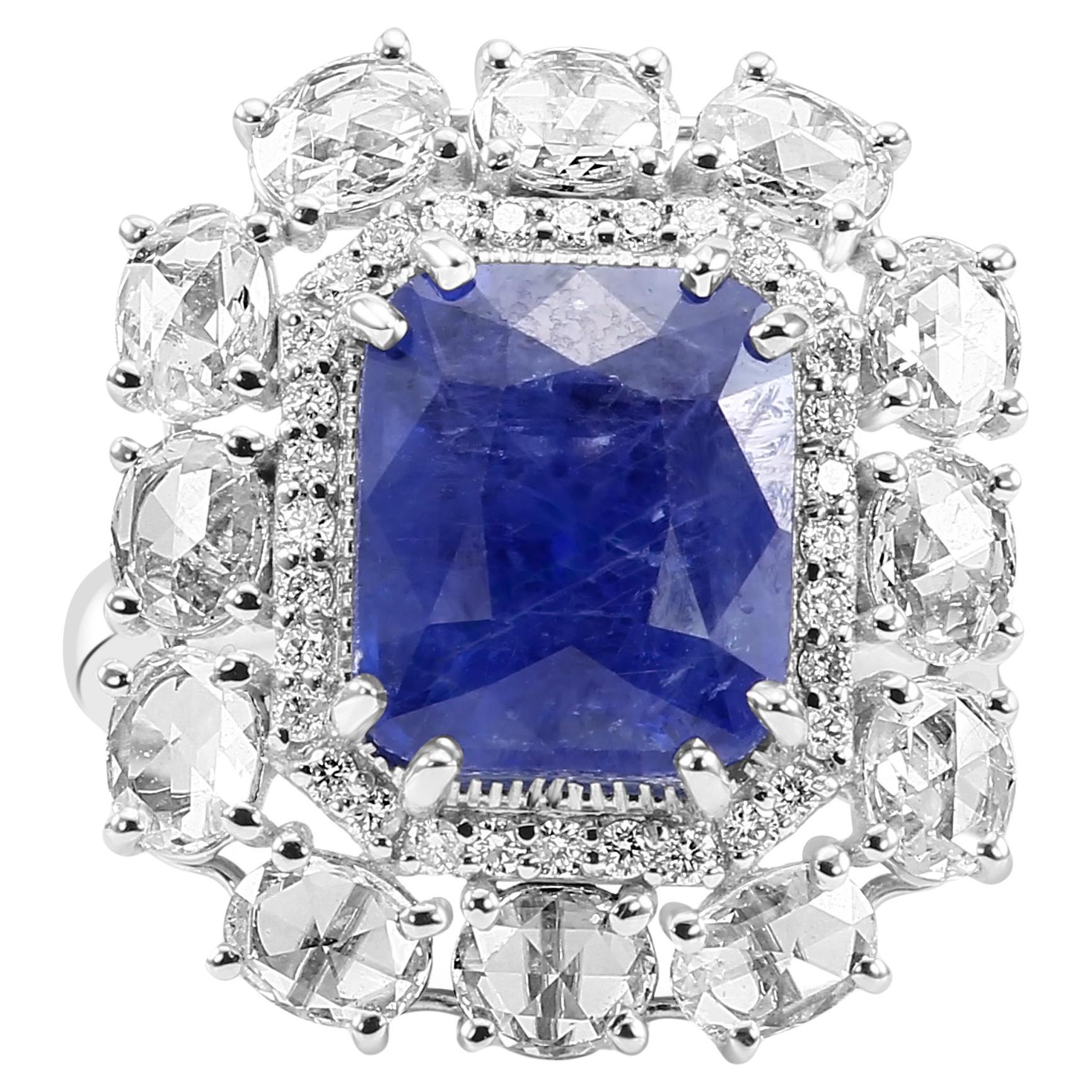 Ceylon Sapphire Diamond 18K White Gold Art Deco Bridal Engagement Halo Ring  For Sale