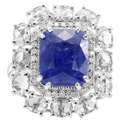 Ceylon Sapphire Cushion Diamond 18KWhite Gold Art Deco Bridal Fashion Halo Ring 