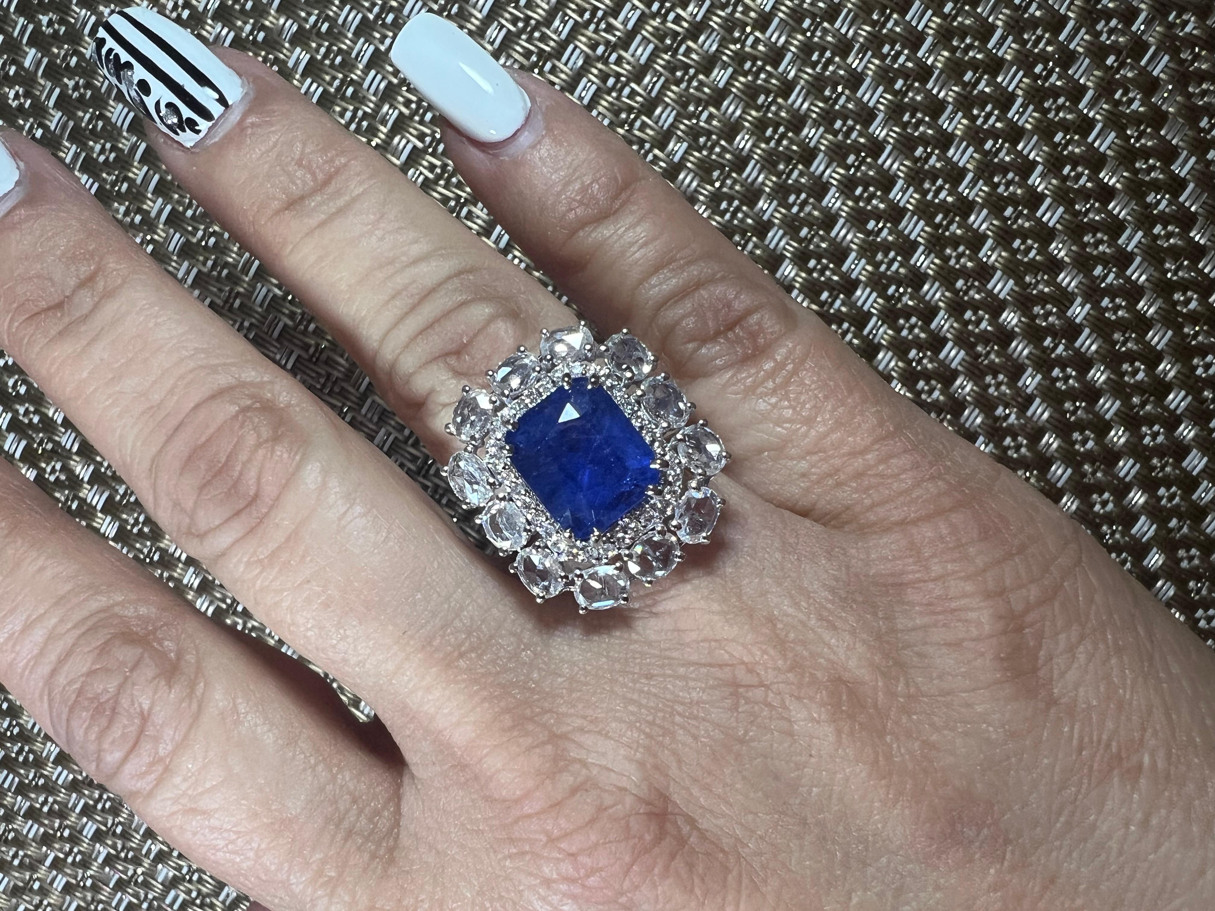 Ceylon Sapphire Diamond 18K White Gold Art Deco Bridal Engagement Halo Ring  For Sale 2