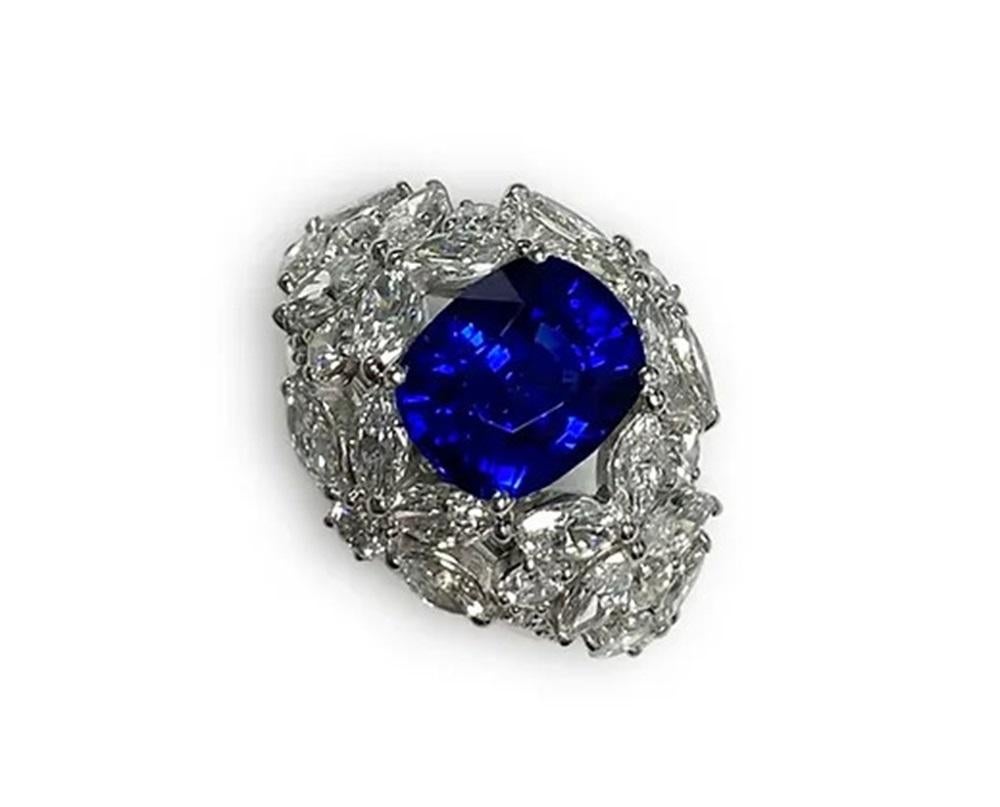 Sapphire Weight: 6.06 cts, Diamond Weight: 4.65 cts, 18K White Gold/20gm, Shape: Cushion, Color: Royal Blue, Hardness: 9, Origin: Ceylon/Sri Lanka, Birthstone: September