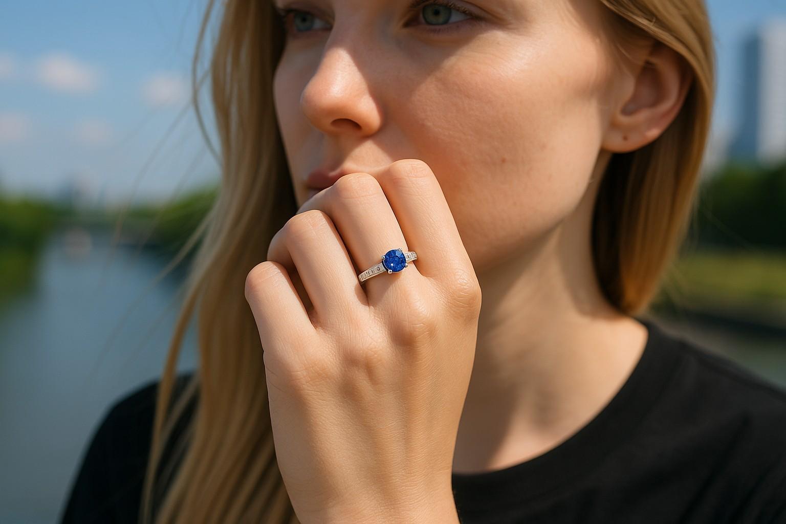 Voici notre exquise bague de fiançailles en or blanc 14 carats avec diamant et saphir de Ceylan, un symbole éblouissant d'amour et d'engagement éternels. Fabriquée avec précision et élégance, cette superbe bague est conçue pour capturer les cœurs et