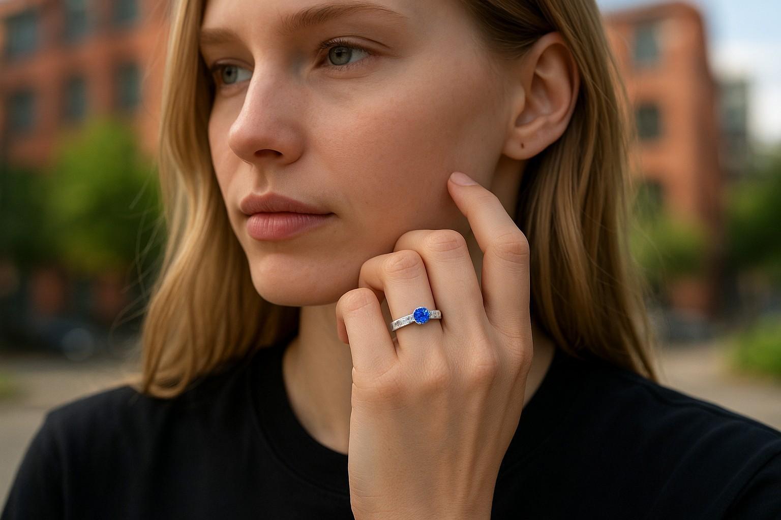 Bague de fiançailles Ceylan saphir diamant 0,90 carat or blanc 14 carats taille 5,5 Neuf - En vente à New York, NY