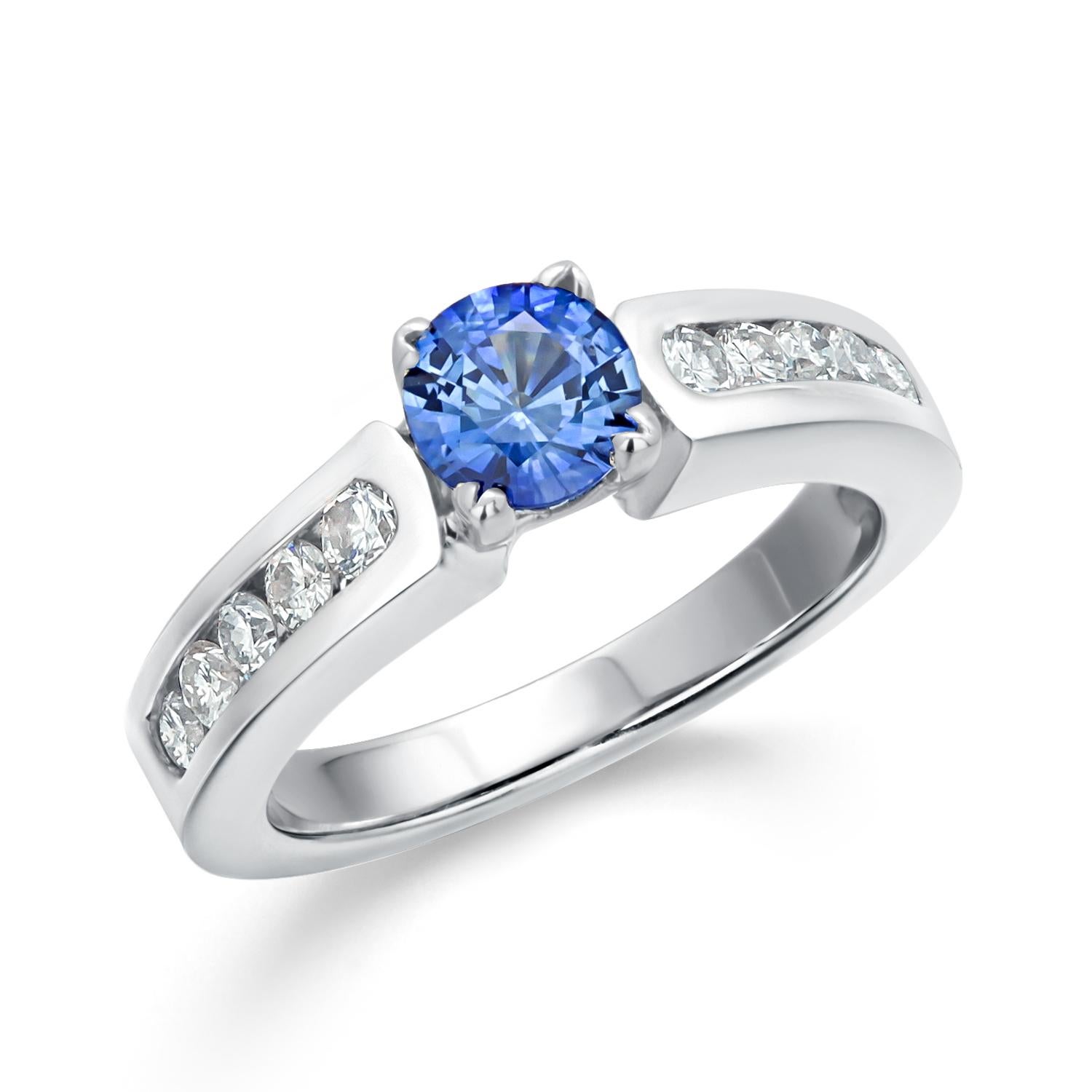 Ceylon Sapphire Diamond 0.90 Carat 14 Karat White Gold Engagement Ring Size 5.5 For Sale 1