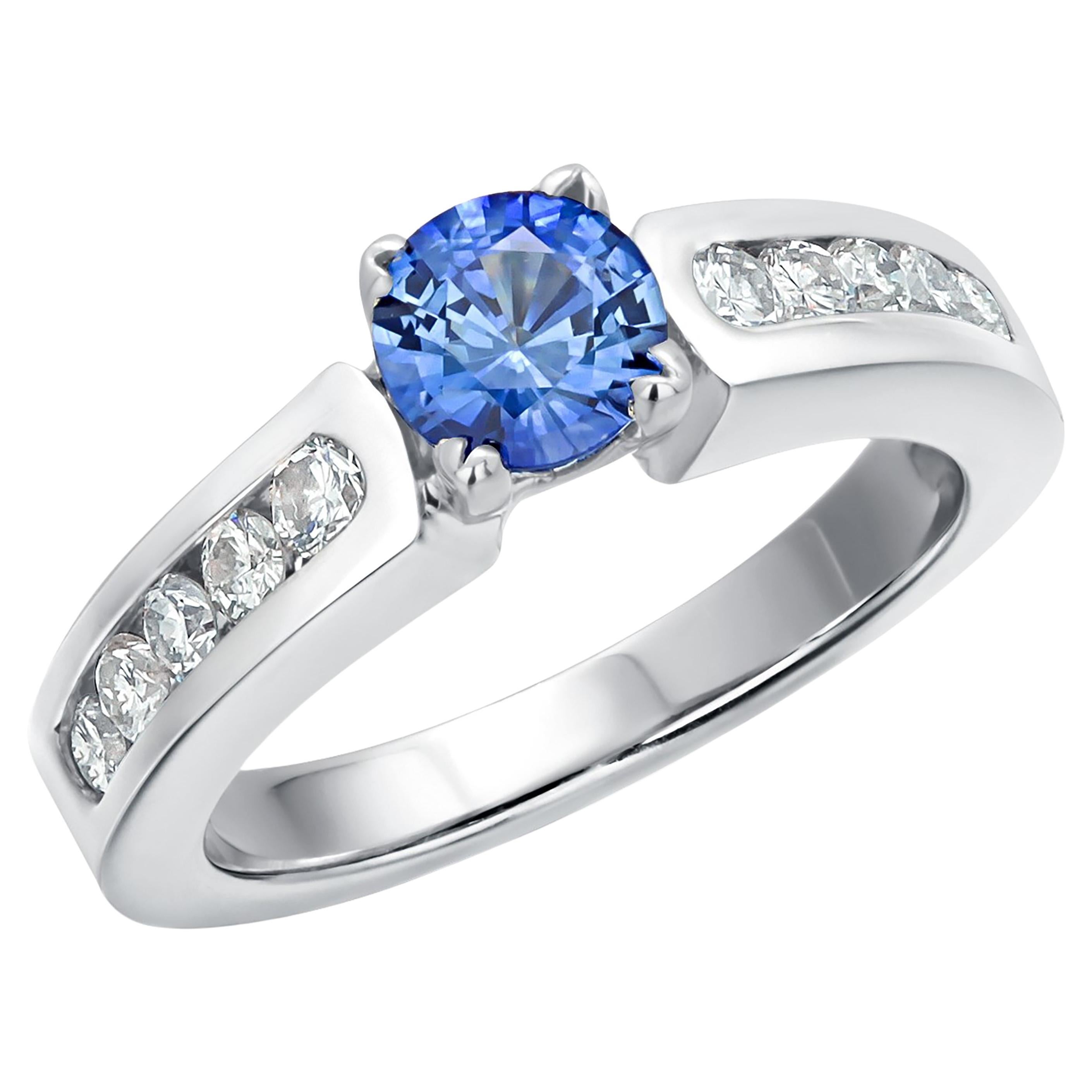 Ceylon Sapphire Diamond 0.90 Carat 14 Karat White Gold Engagement Ring Size 5.5