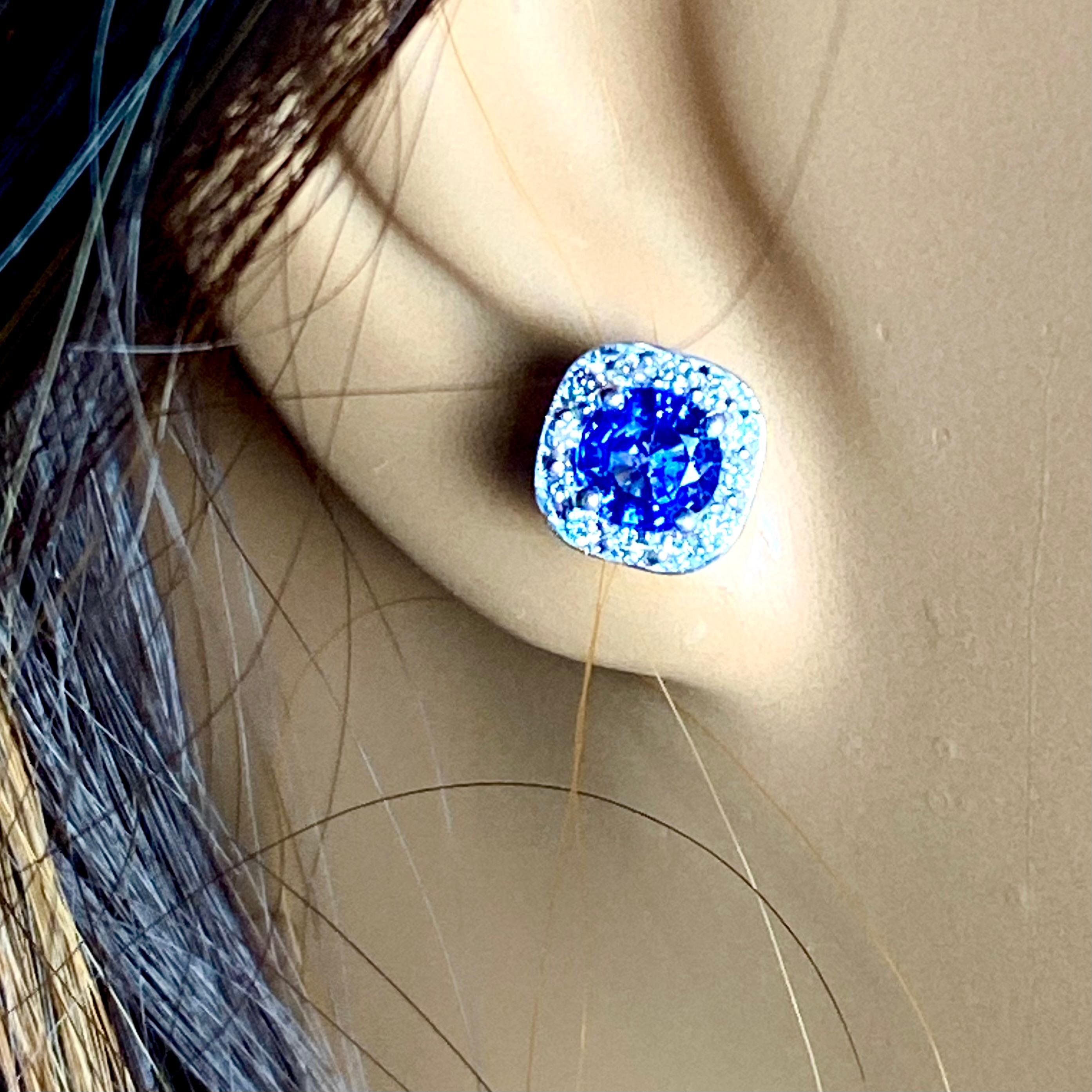 Ceylon Sapphire Diamond 1.80 Carat 14 Karat White Gold 0.40 Inch Halo Earrings For Sale 1