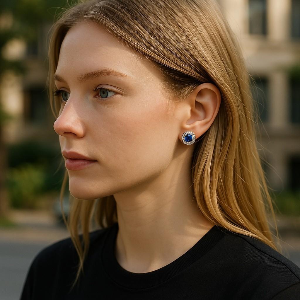 Contemporary Ceylon Sapphire Diamond 1.80 Carat 14 Karat White Gold 0.40 Inch Halo Earrings For Sale