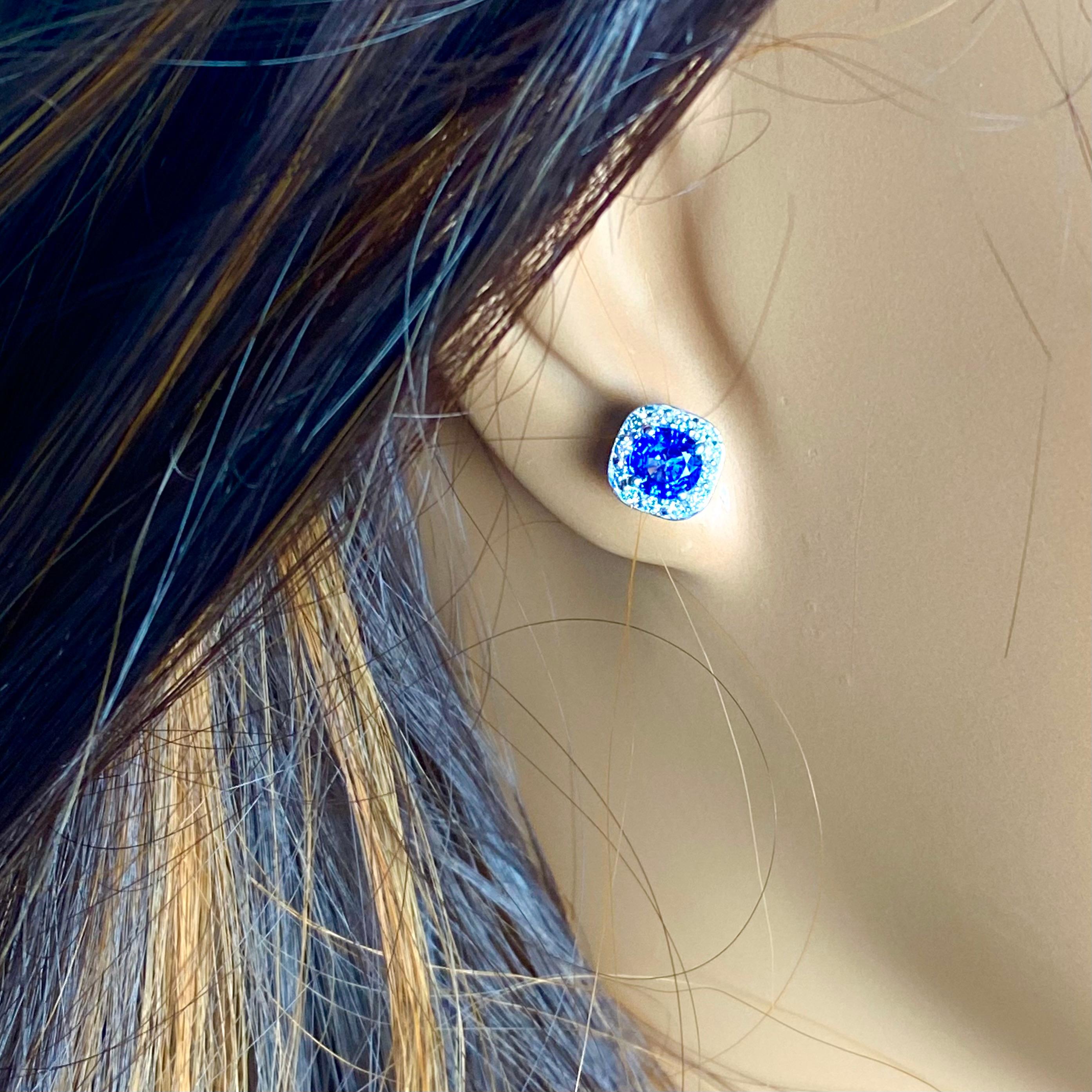Ceylon Sapphire Diamond 1.80 Carat 14 Karat White Gold 0.40 Inch Halo Earrings For Sale 3