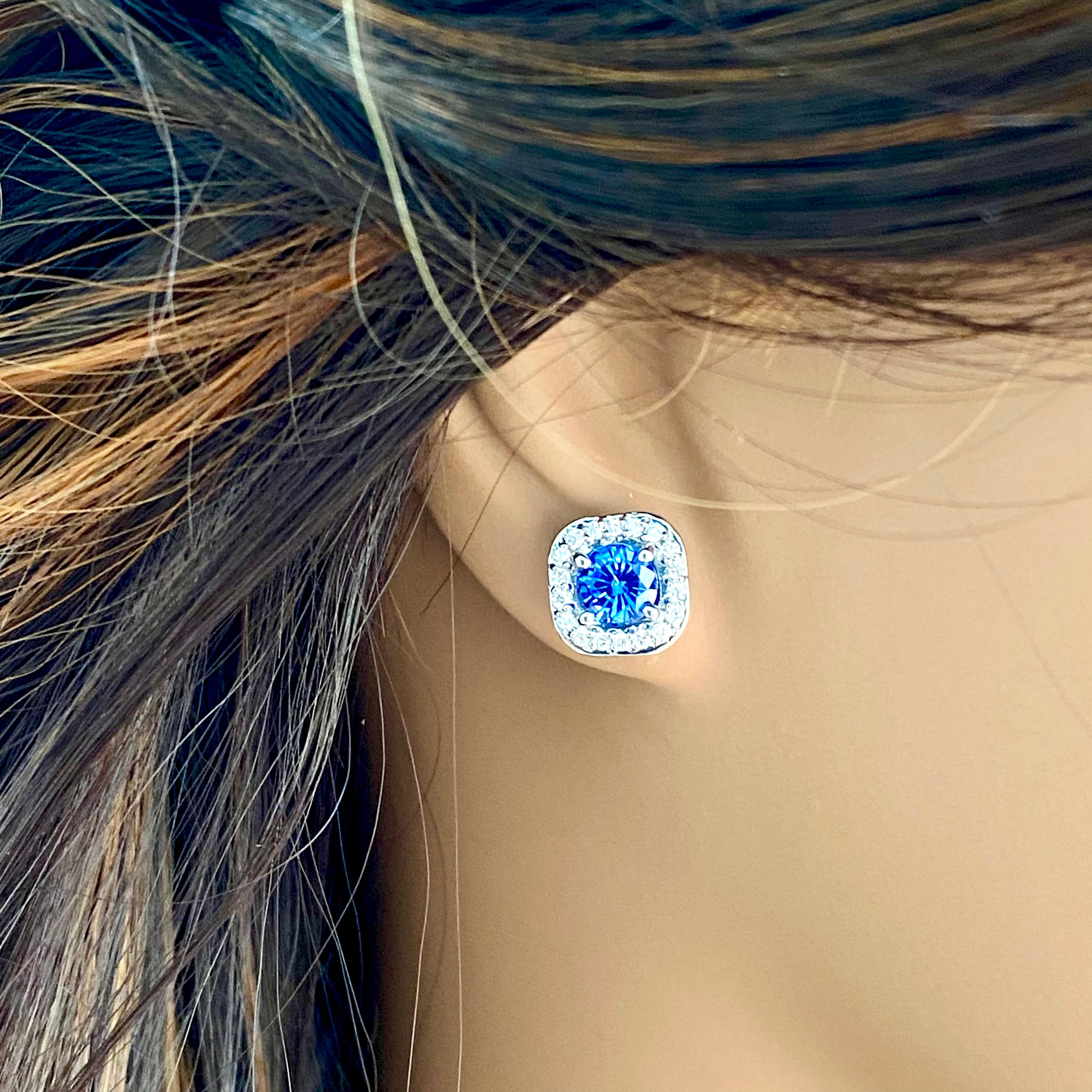 Ceylon Sapphire Diamond 2.15 Carat 14 Karat White Gold 0.40 Inch Halo Earrings In New Condition For Sale In New York, NY
