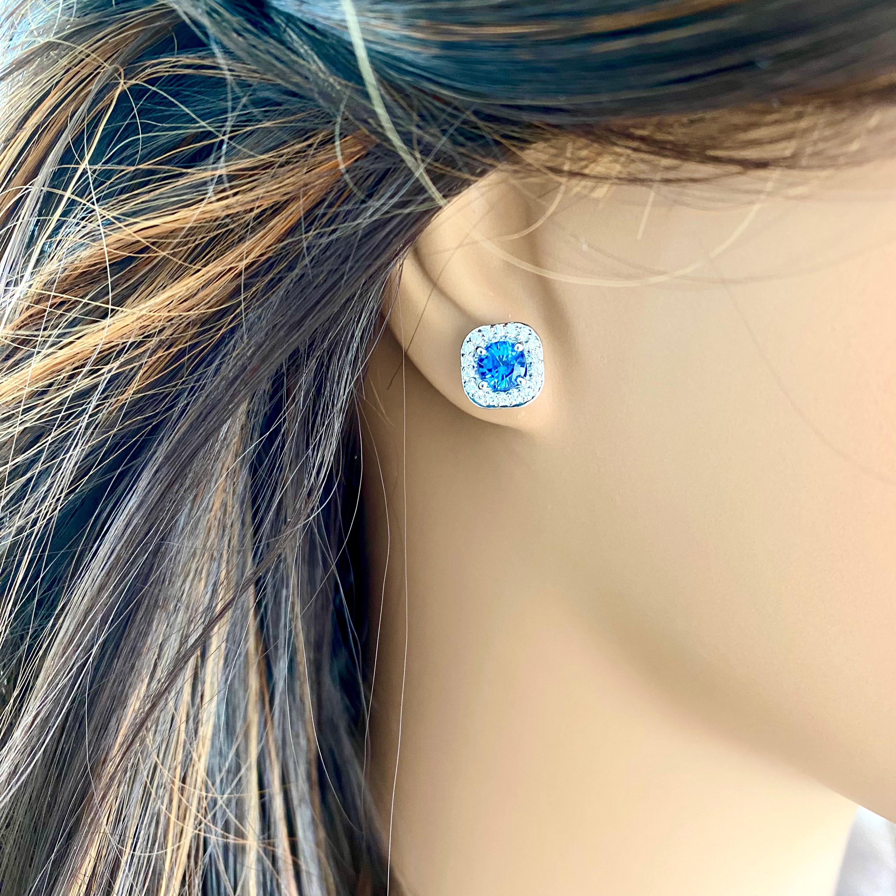 Ceylon Sapphire Diamond 2.15 Carat 14 Karat White Gold 0.40 Inch Halo Earrings For Sale 2