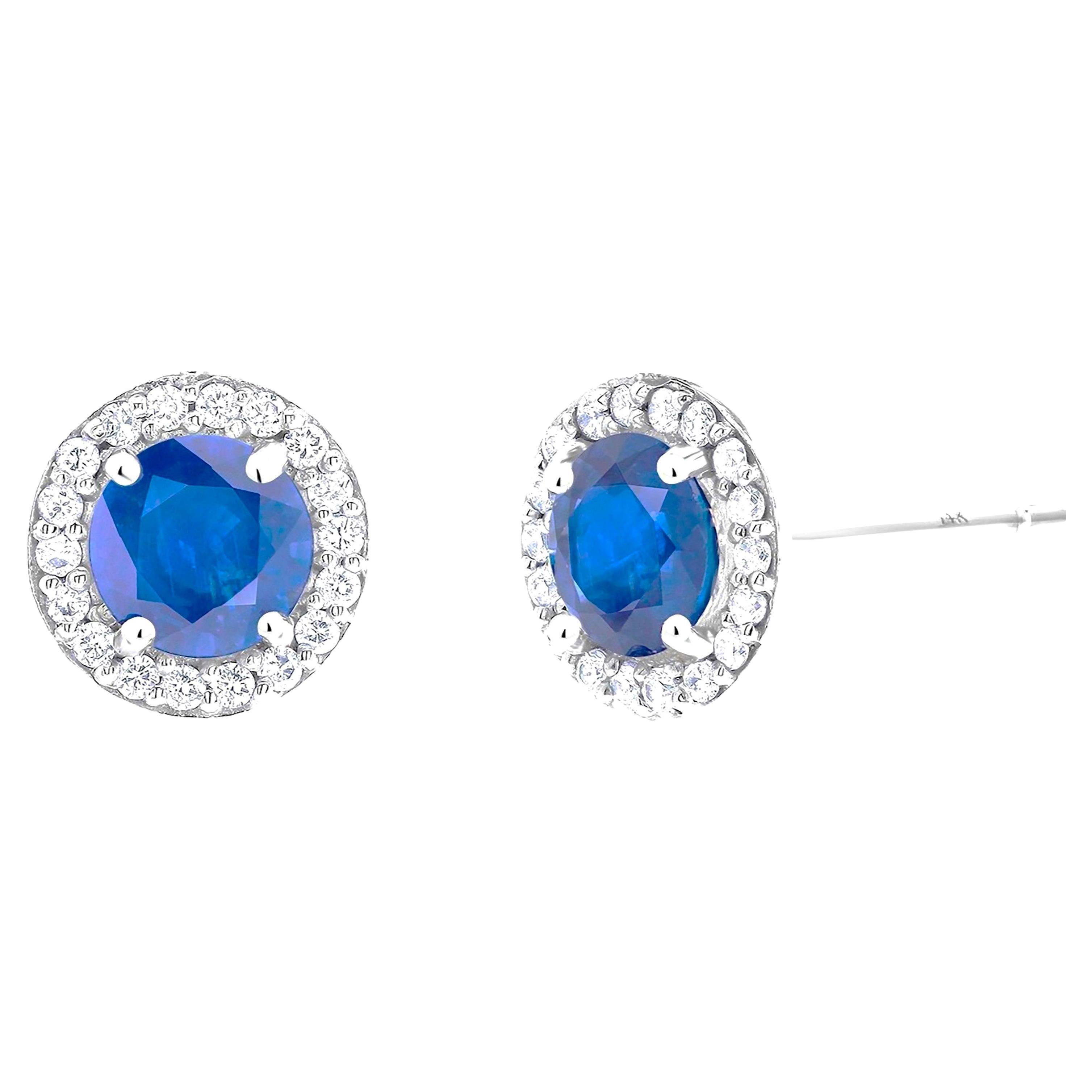 Ceylon Sapphire Diamond 2.40 Carat White Gold Halo 0.40 Inch Stud Earrings For Sale