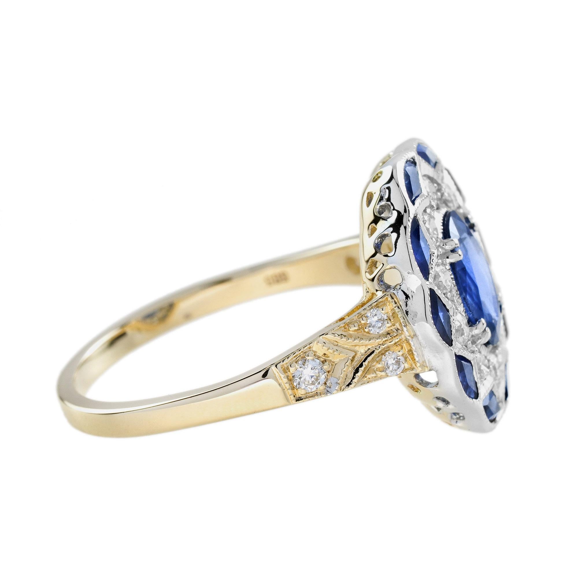 Oval Cut Ceylon Sapphire Diamond Antique Style Engagement Ring in 18K Two Tone Gold For Sale