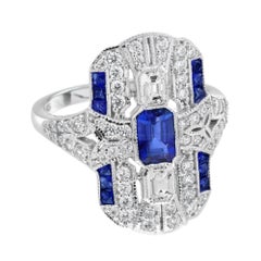 Ceylon Sapphire Diamond Art Deco Style Dinner Ring in 18K White Gold