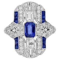 Ceylon Sapphire Diamond Art Deco Style Dinner Ring in 18K White Gold