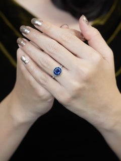 Ceylon Sapphire Diamond Art Deco Style Engagement Ring in 18K White Gold