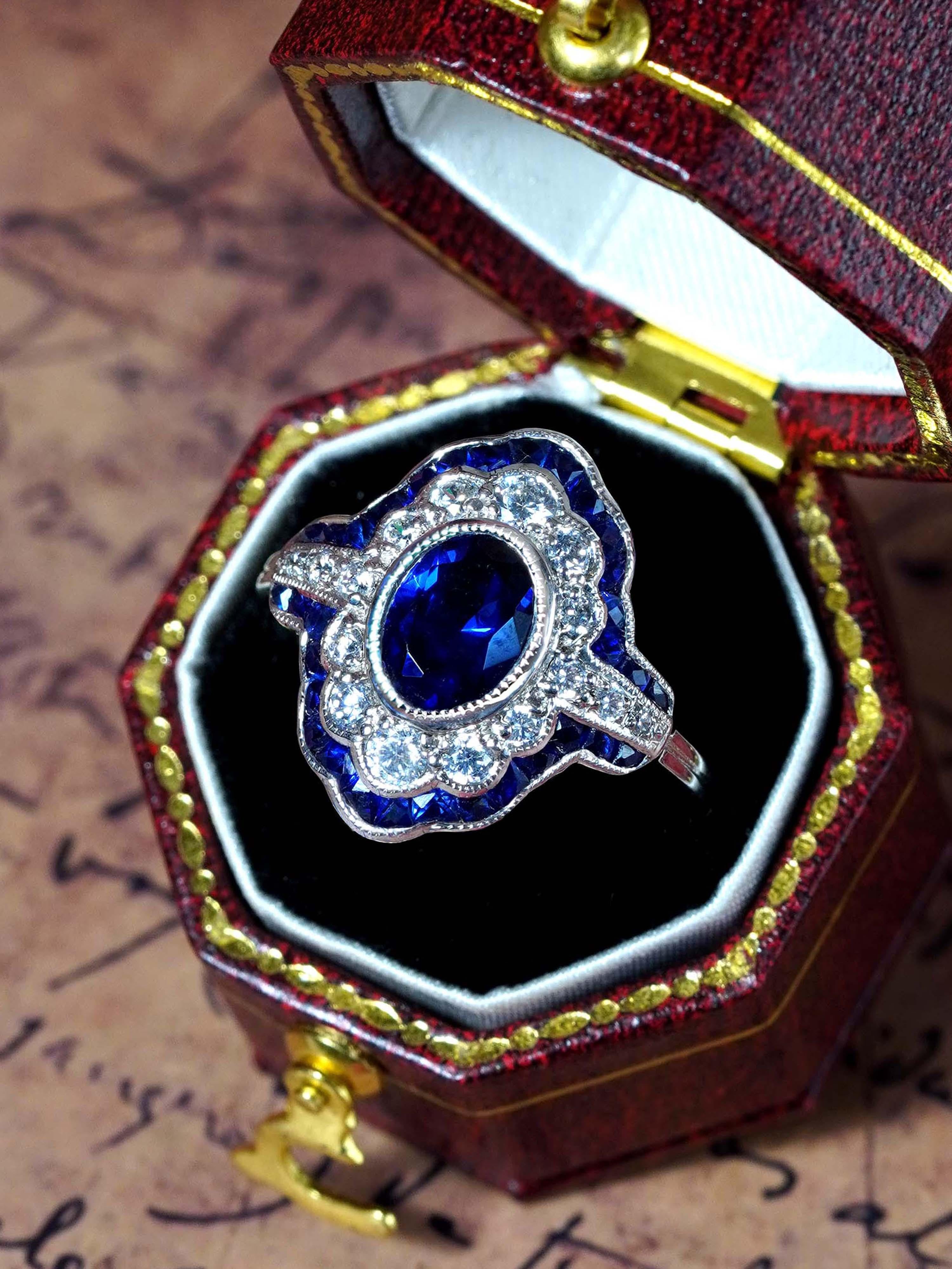 De las mujeres Zafiro de Ceilán Diamante Anillo de compromiso estilo Art Decó en oro blanco de 18 quilates en venta