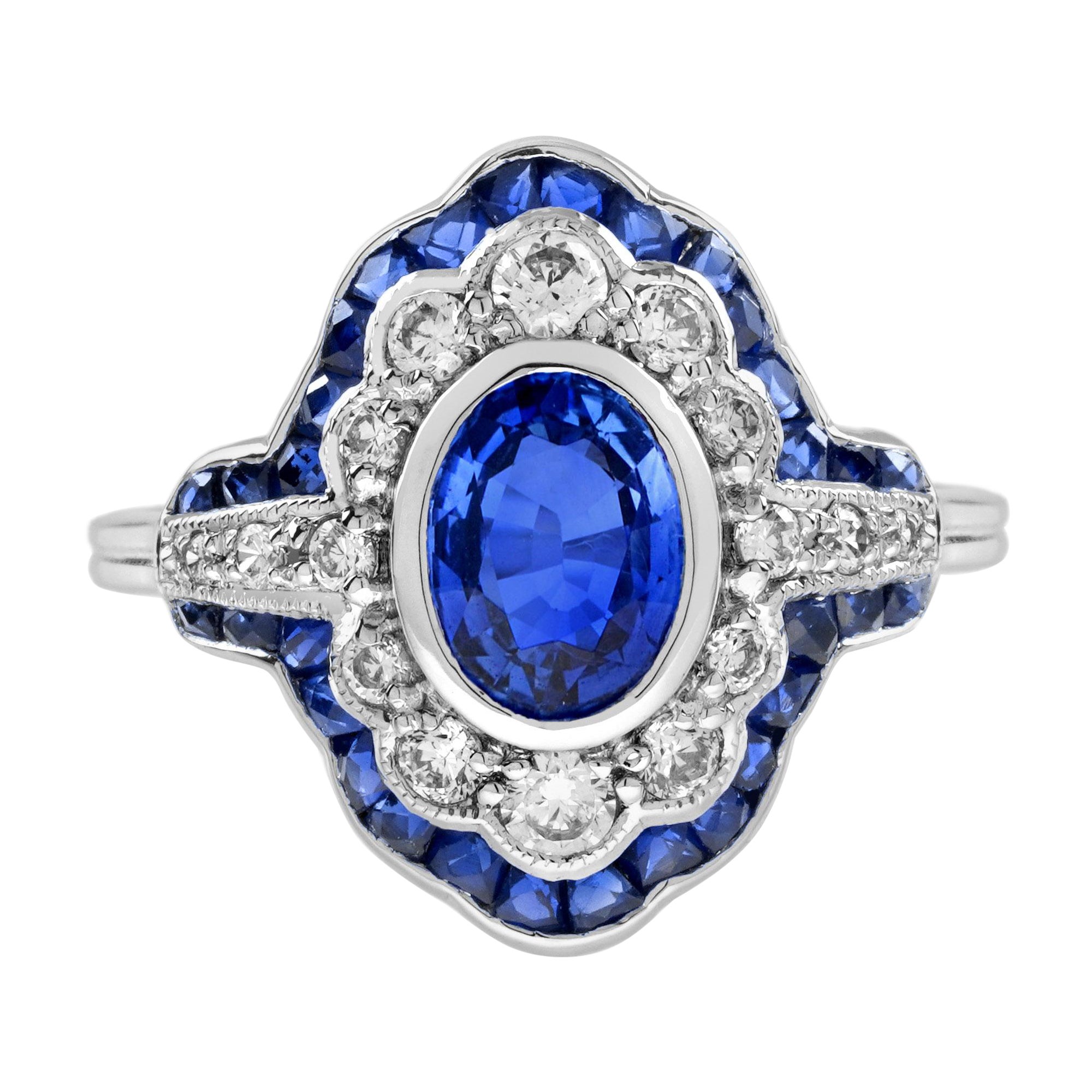 Ceylon Sapphire Diamond Art Deco Style Engagement Ring in 18K White Gold