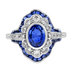Ceylon Sapphire Diamond Art Deco Style Engagement Ring in 18K White Gold