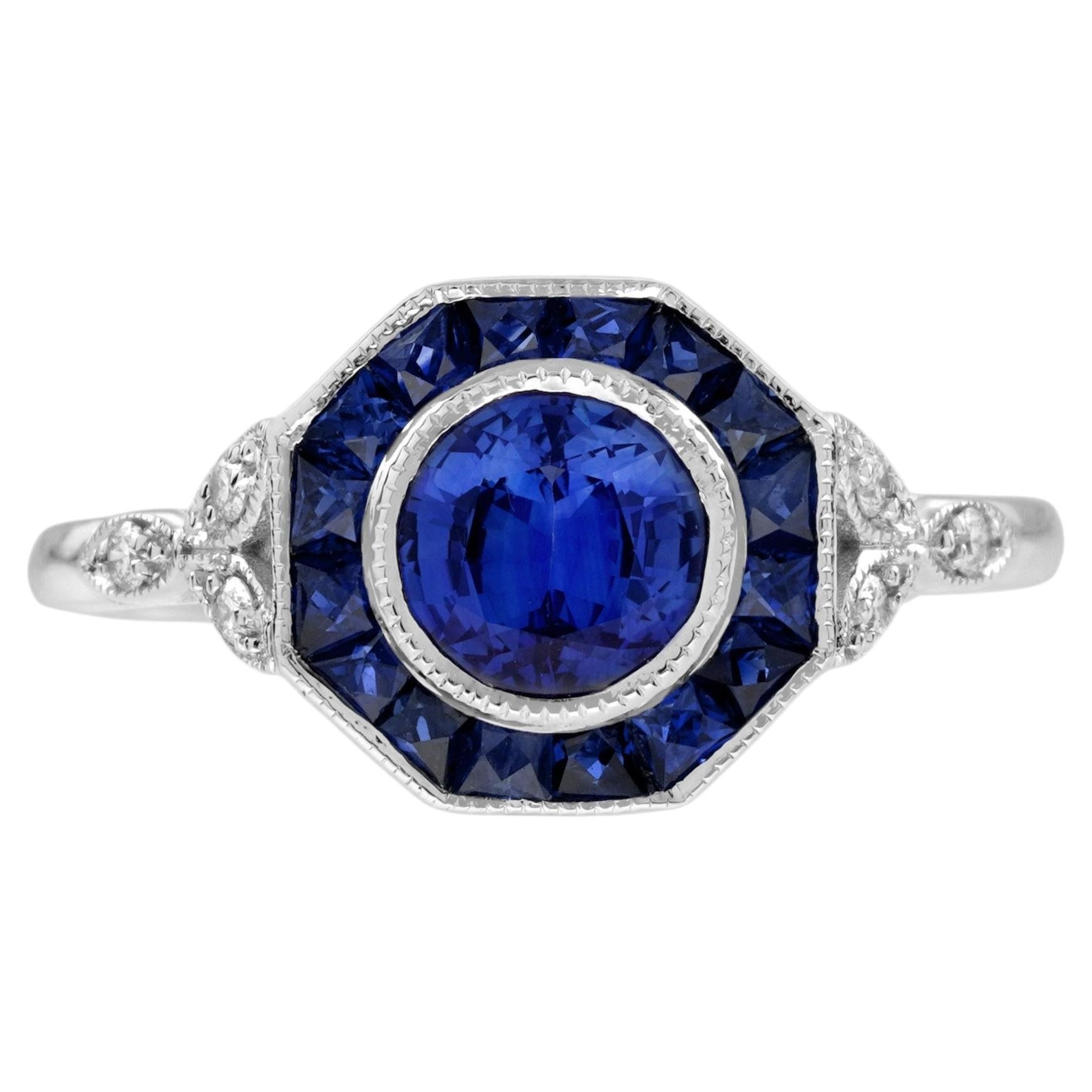 Ceylon Sapphire Diamond Art Deco Style Engagement Ring in 18K White Gold