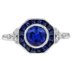 Ceylon Sapphire Diamond Art Deco Style Engagement Ring in 18K White Gold