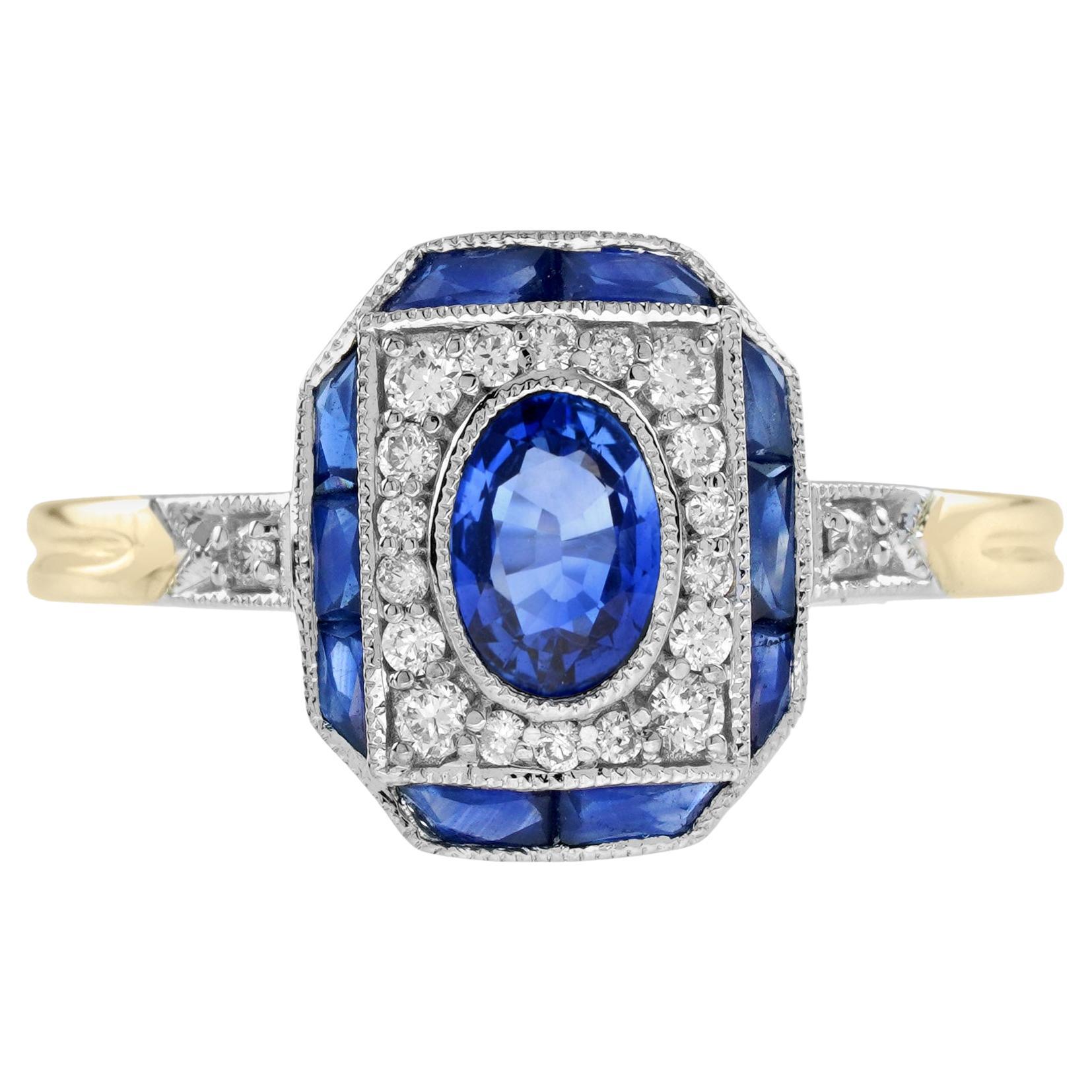 Ceylon Sapphire Diamond Art Deco Style Engagement Ring in 18K Yellow Gold For Sale