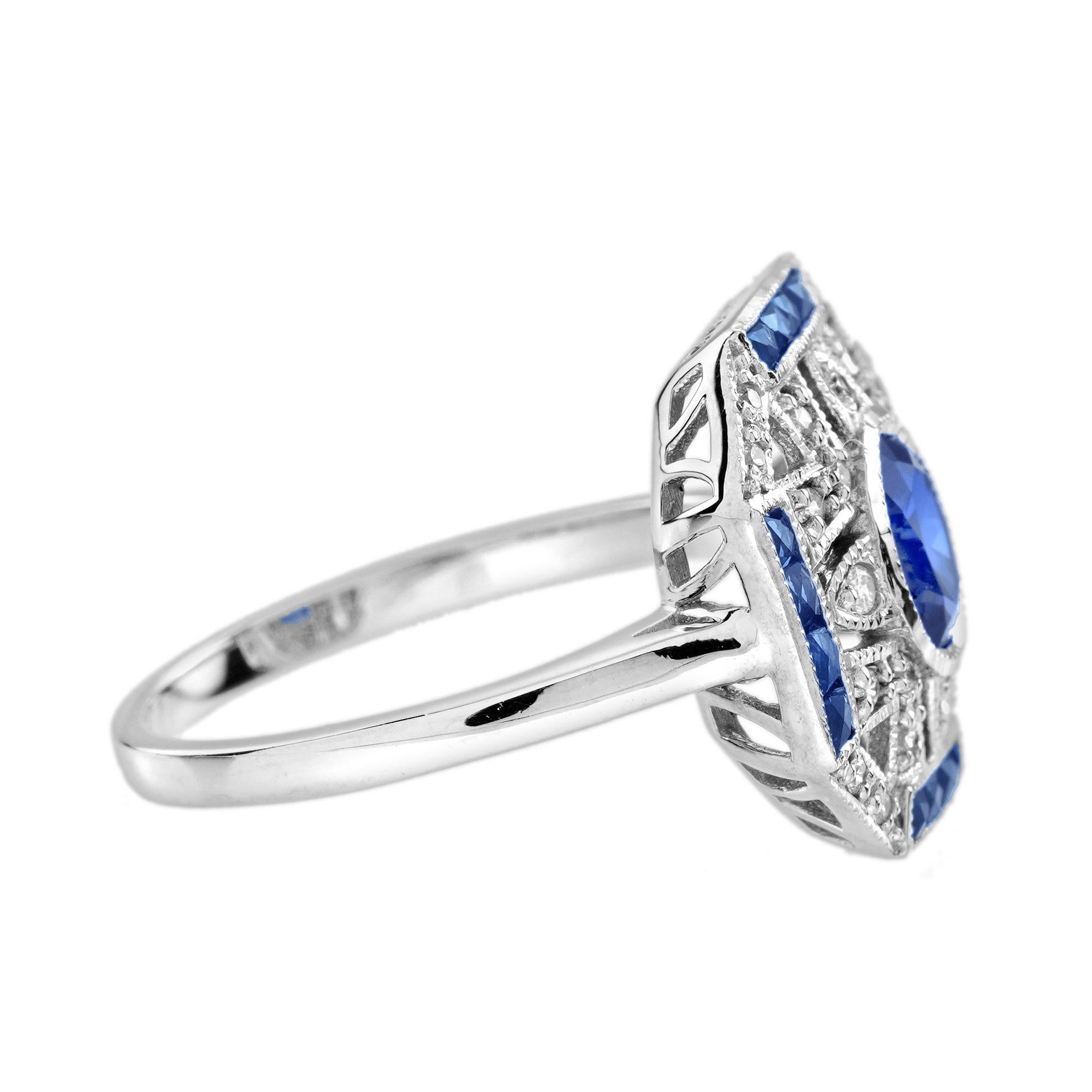 Ceylon Sapphire Diamond Art Deco Style Ring Earrings Jewelry Set in 18K Gold For Sale 5