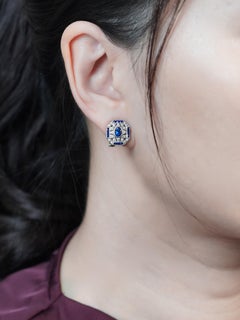 Ceylon Sapphire Diamond Art Deco Style Ring Earrings Jewelry Set in 18K Gold