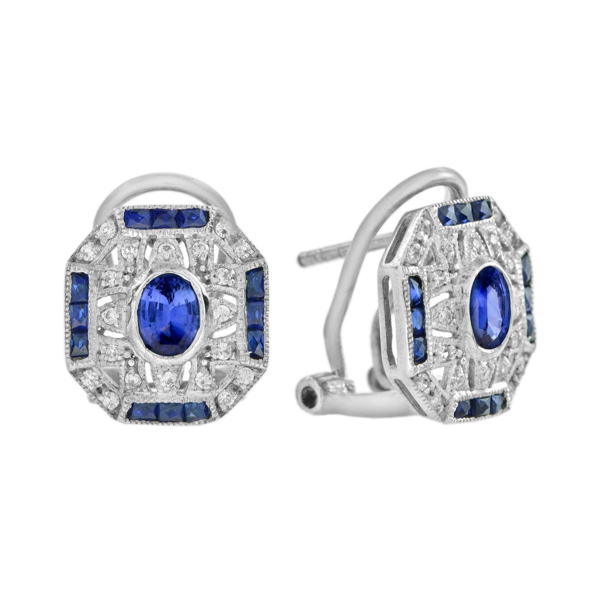 Oval Cut Ceylon Sapphire Diamond Art Deco Style Ring Earrings Jewelry Set in 18K Gold For Sale