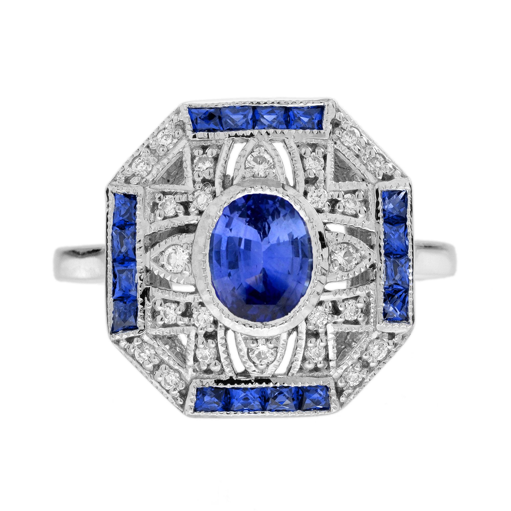 Ceylon Sapphire Diamond Art Deco Style Ring Earrings Jewelry Set in 18K Gold For Sale 3