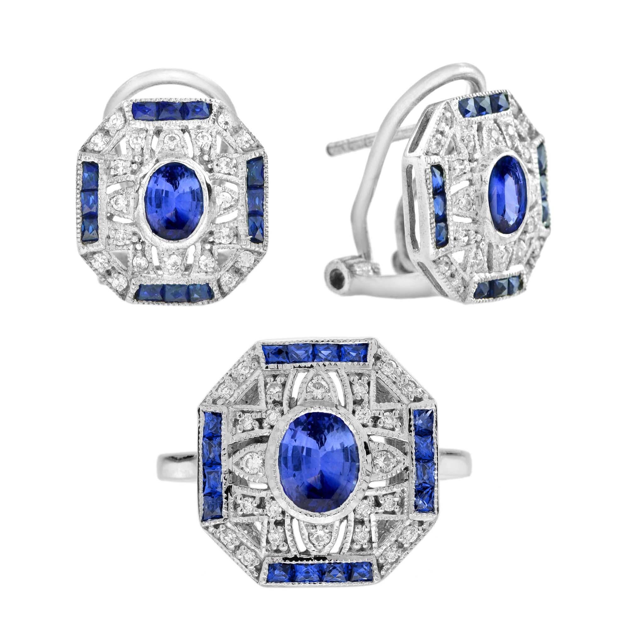 Ceylon Sapphire Diamond Art Deco Style Ring Earrings Jewelry Set in 18K Gold