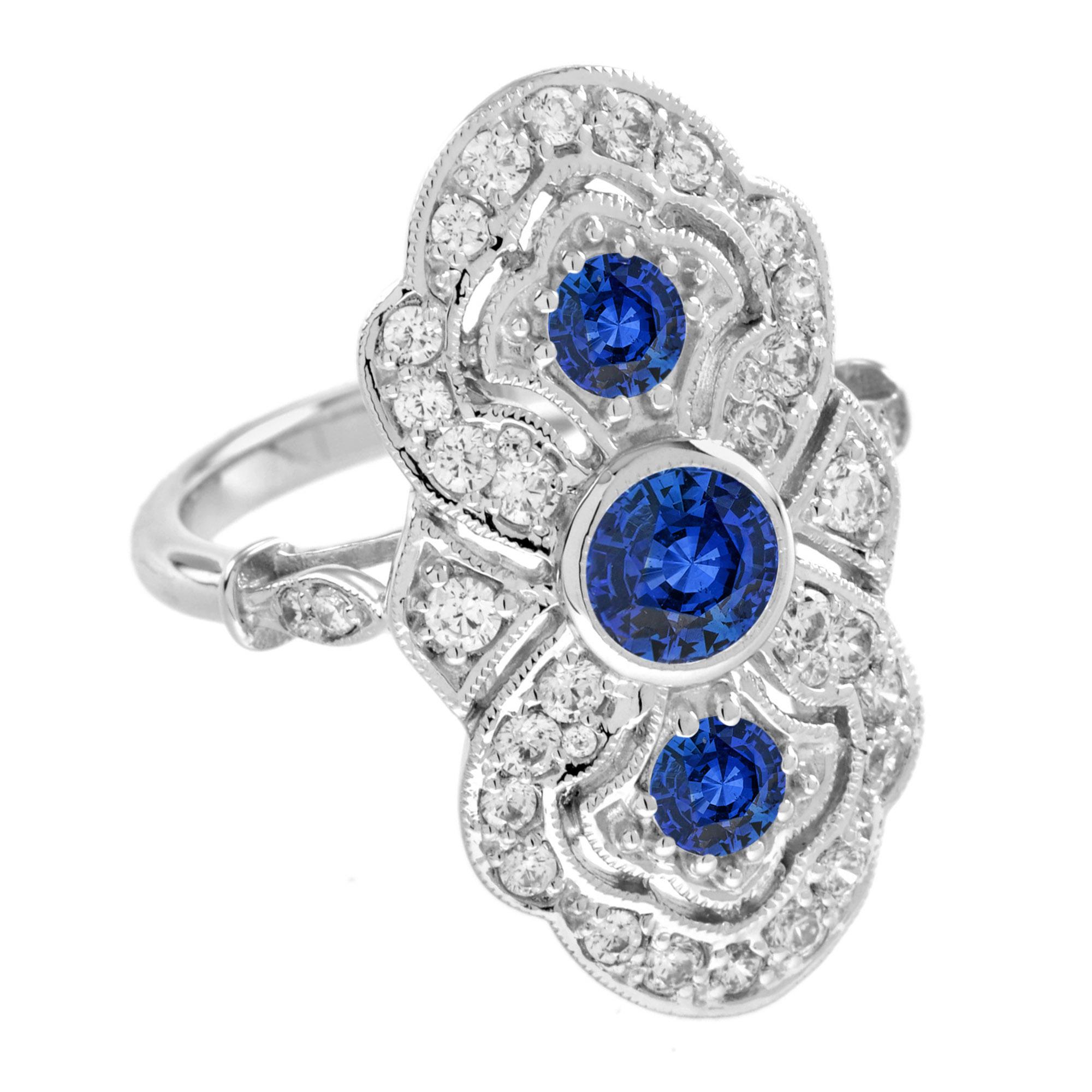 For Sale:  Ceylon Sapphire Diamond Art Deco Style Three Stone Dinner Ring in 18K White Gold 3