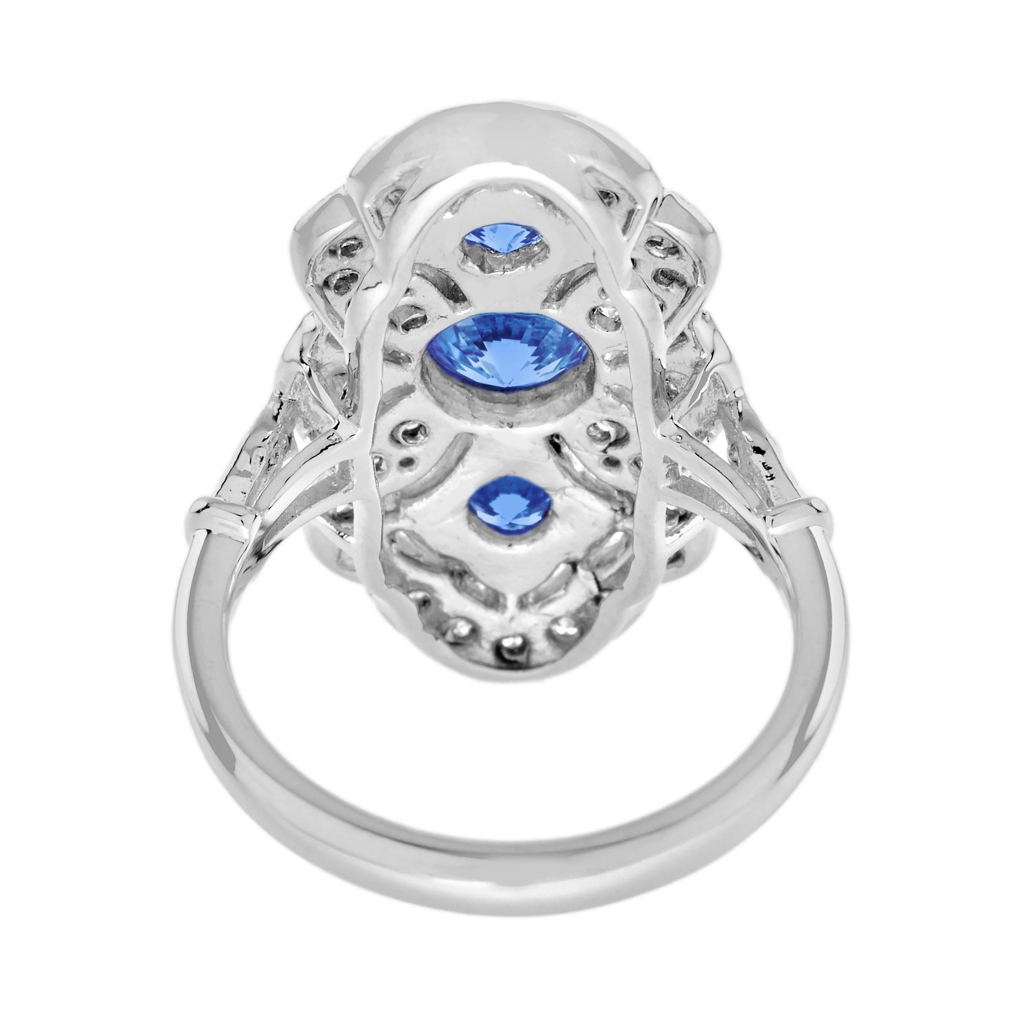 For Sale:  Ceylon Sapphire Diamond Art Deco Style Three Stone Dinner Ring in 18K White Gold 5