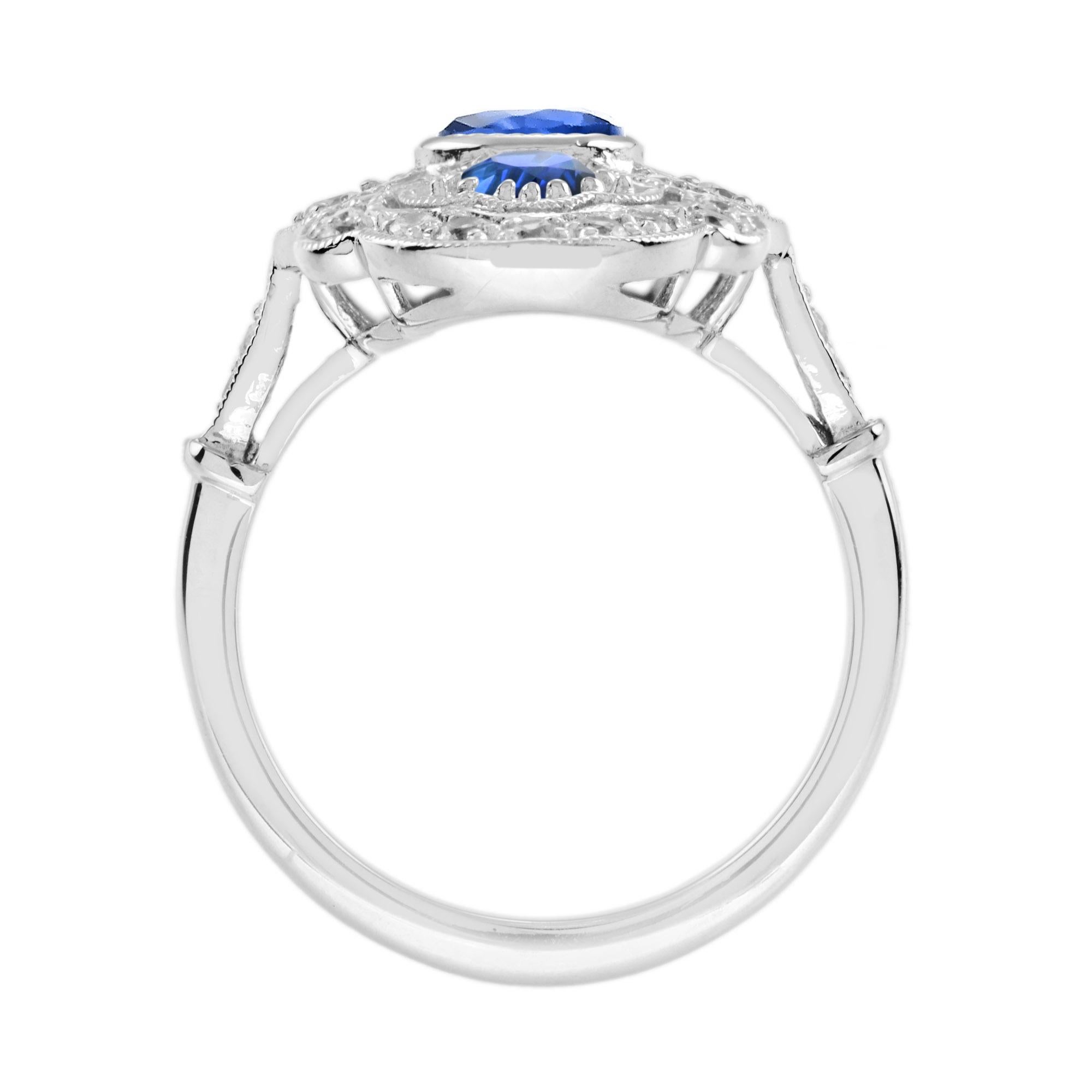 For Sale:  Ceylon Sapphire Diamond Art Deco Style Three Stone Dinner Ring in 18K White Gold 6