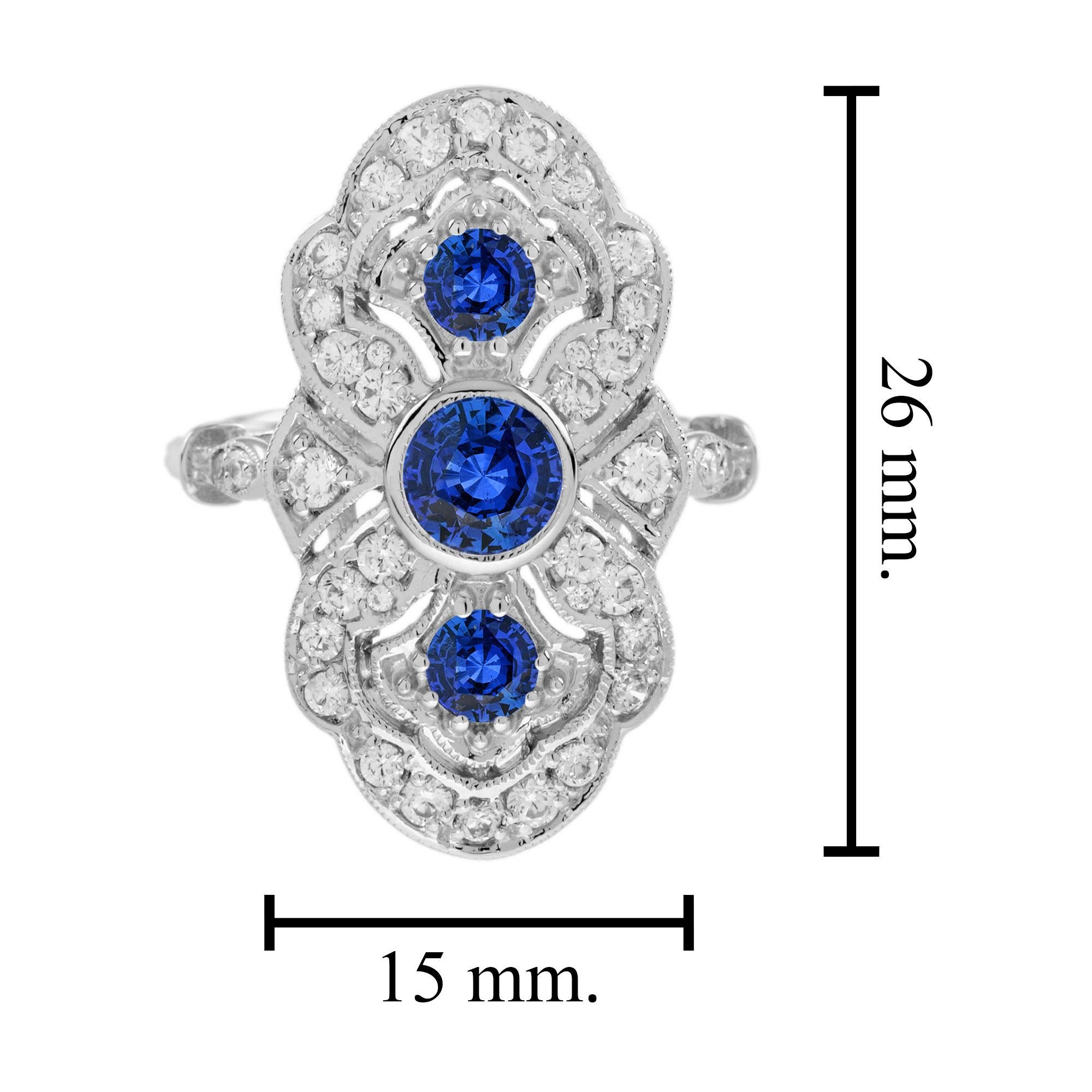 For Sale:  Ceylon Sapphire Diamond Art Deco Style Three Stone Dinner Ring in 18K White Gold 7