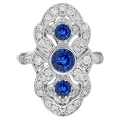 Ceylon Sapphire Diamond Art Deco Style Three Stone Dinner Ring in 18K White Gold