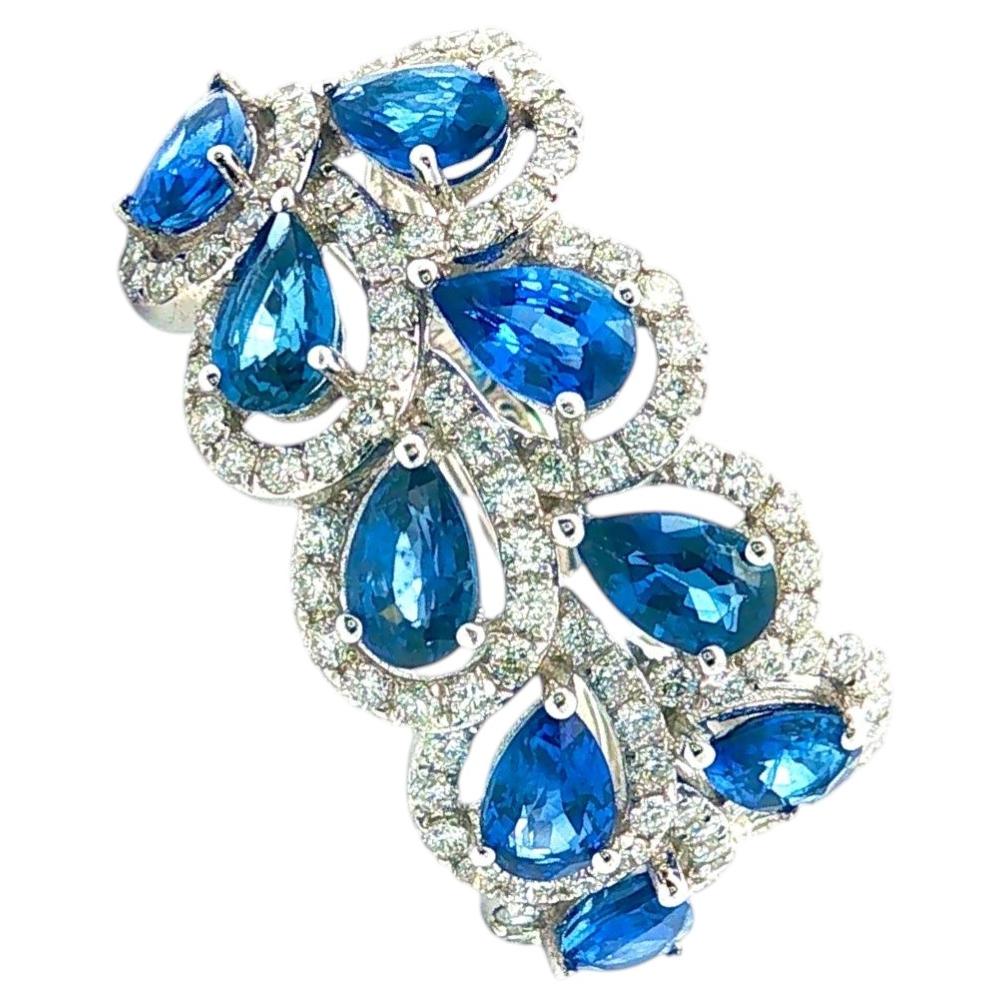 Pear Cut Ceylon Sapphire Diamond Halo Band Ring 18K White Gold