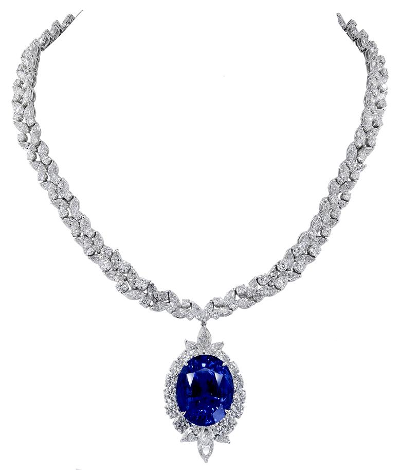 Ceylon Sapphire, Diamond Earrings and Necklace

A pair of platinum ear clips and necklace, set with oval-shaped Ceylon sapphire and diamond necklace/pendant.
Pendant – sapphire weight approx. 50.14 carats with AGL certificate and GIA