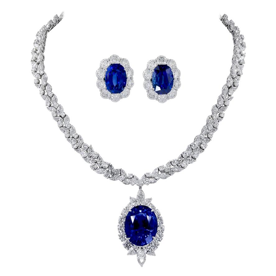 Ceylon Sapphire, Diamond Earrings and Necklace For Sale
