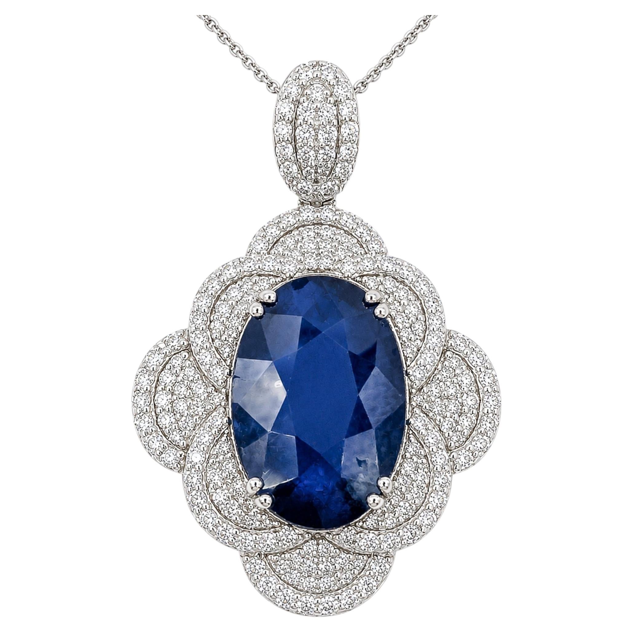 Ceylon Sapphire & Diamond Floral Quatrefoil Necklace in Platinum- GIA 5231597058 For Sale