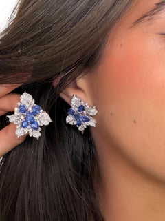 Ceylon Sapphire Diamond Leaf Cluster Cocktail Earrings 8.62ct 18K White Gold