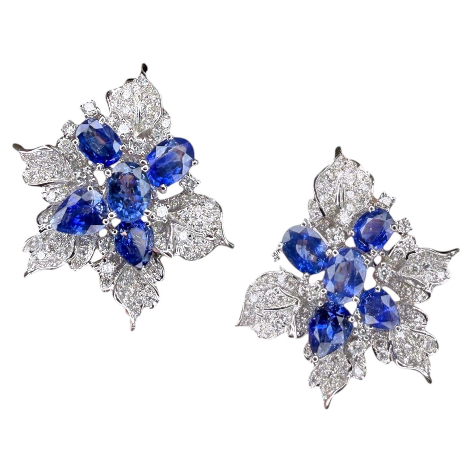 Ceylon Sapphire Diamond Leaf Cluster Cocktail Earrings 8.62ct 18K White Gold For Sale