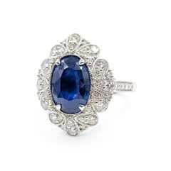 Ceylon Sapphire & Diamond Milgrain Ring in 14k White Gold – GIA 5232764898