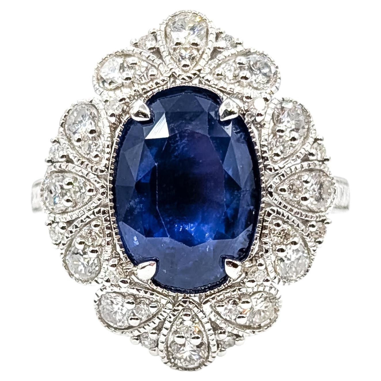 Ceylon Sapphire & Diamond Milgrain Ring in 14k White Gold – GIA 5232764898
