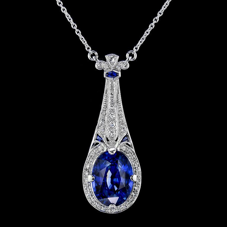This fabulous necklace was enchanted by the beauty of the natural Sapphire from Srilanka, or where we call this as Ceylon Sapphire.  With the size of 6.65 ct. it will be a good sparkle with eye-catching from people around.  

This necklace also has