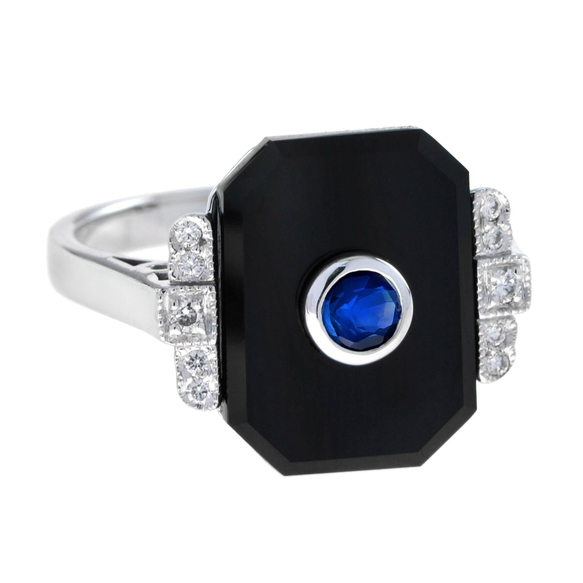 For Sale:  Ceylon Sapphire Diamond Onyx Art Deco Style Ring in 14K White Gold 2