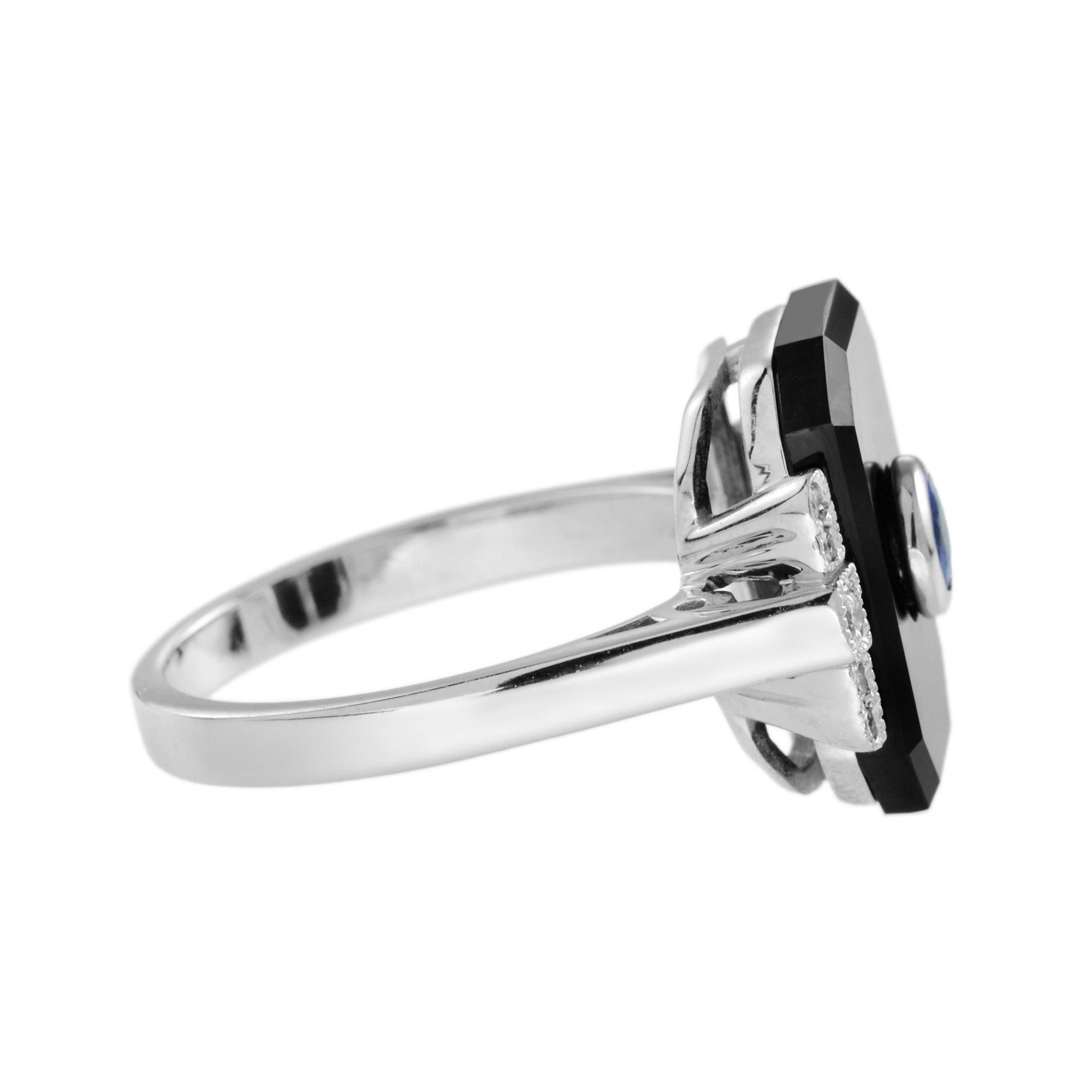 For Sale:  Ceylon Sapphire Diamond Onyx Art Deco Style Ring in 14K White Gold 3