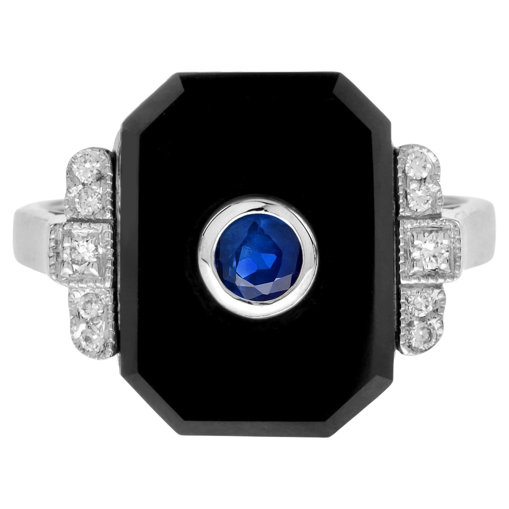 For Sale:  Ceylon Sapphire Diamond Onyx Art Deco Style Ring in 14K White Gold