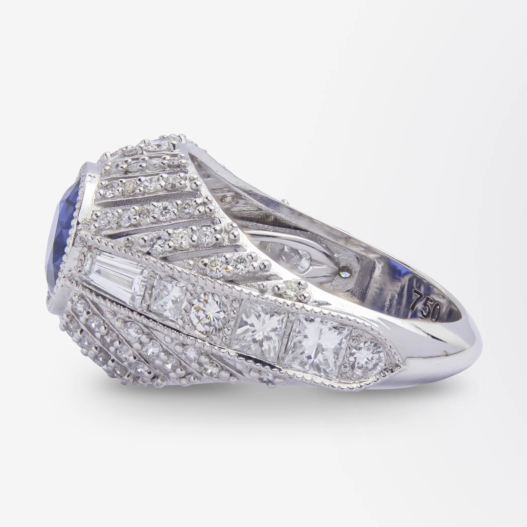 Ring mit Ceylon-Saphir und Diamant (Rundschliff) im Angebot