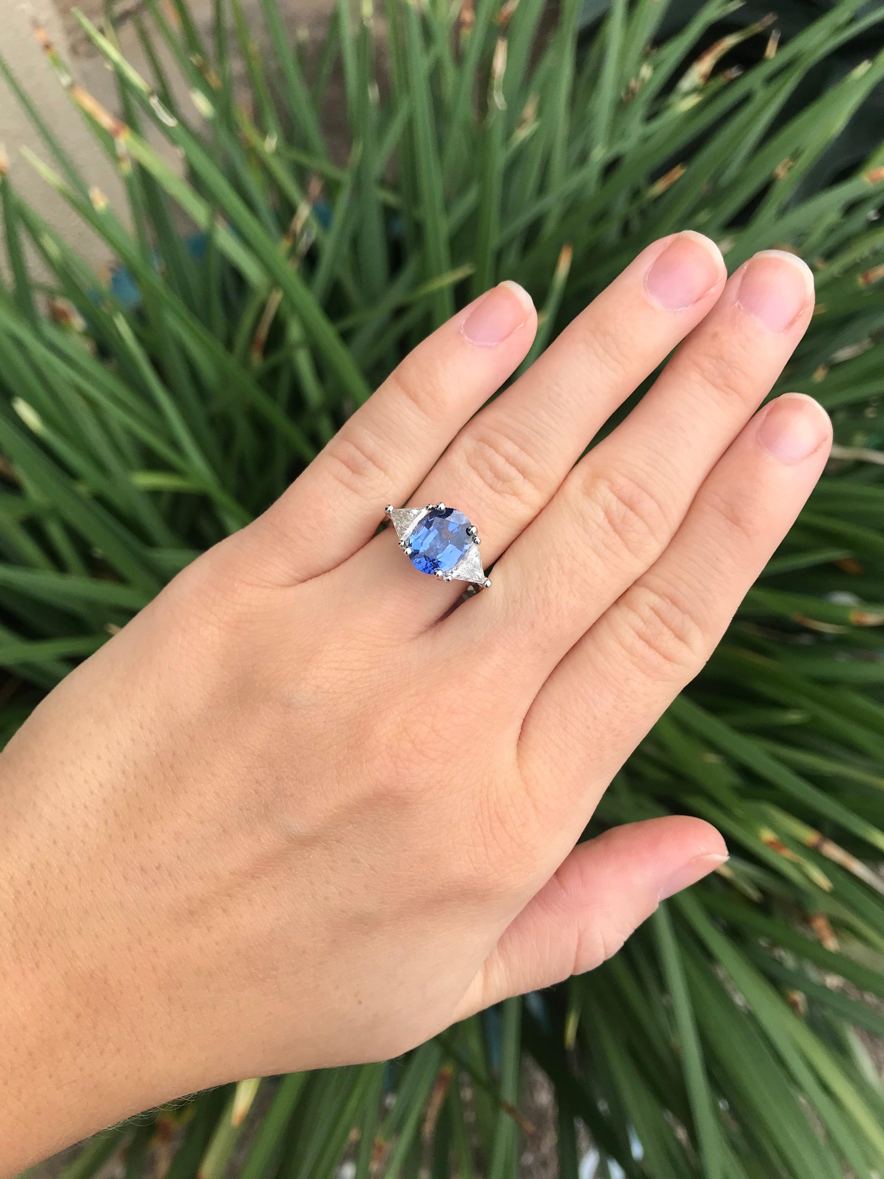 For Sale:  Custom Designed Sapphire Diamond Ring, Platinum, Blue Sapphire, Three-Stone Ring 2